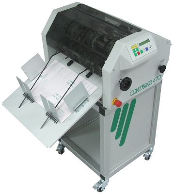 The Contagor 470 rotary numbering/finishing machine on its stand with friction feed tray, green Agor logo, LCD control panel