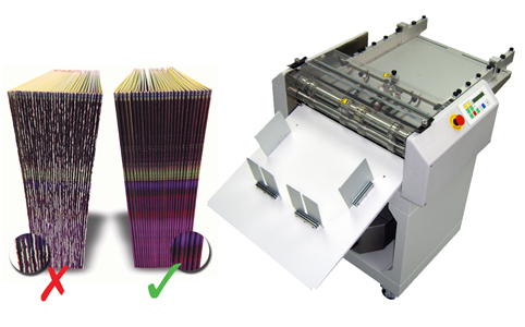 Hero product shot: the Turbo Creaser 52 machine (grey, castors, air-feed tray) beside the signature fibre-crack comparison — cracked fold (red X) vs clean Tri-Creaser crease (green tick)