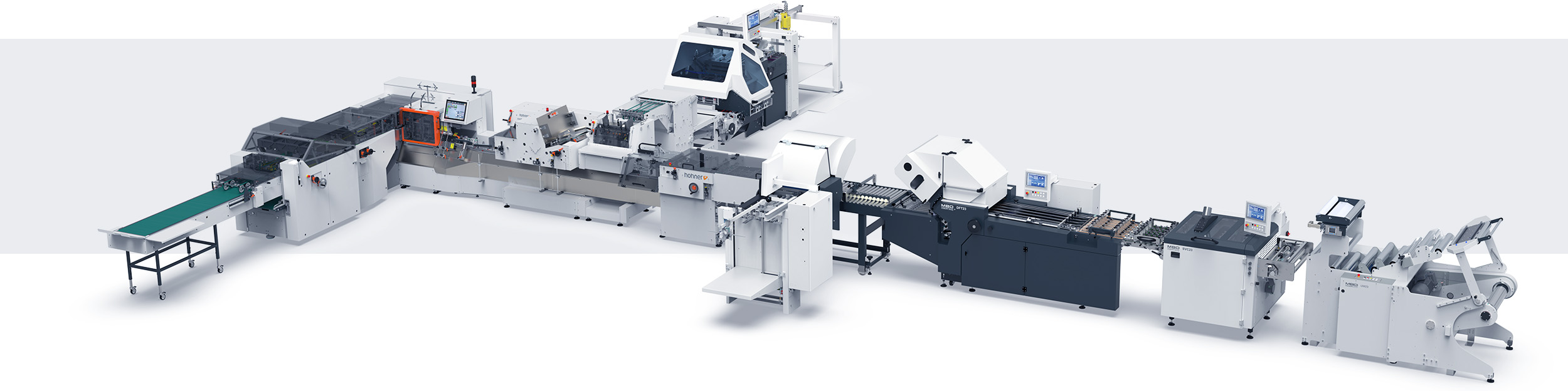Official full-system studio render of the HHS-Futura modular "puzzle" saddle stitcher.