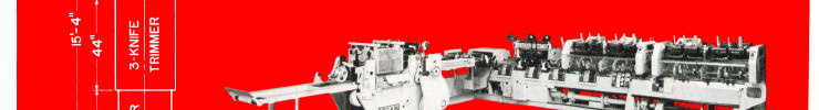 Full-line brochure photo of the McCain Saddle-Matic on red background with printed callouts including "3-KNIFE TRIMMER" and machine-length dimensions (provenance: official McCain Saddle-Matic brochure scan, image-only PDF — OEM defunct)