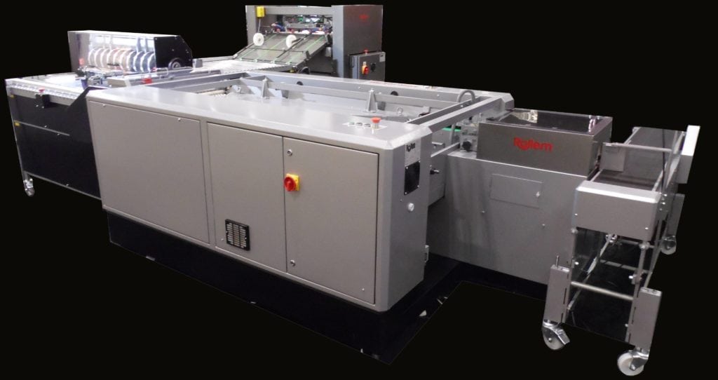 Official Rollem photo of the SlipStream MKII card slitter/collator with Full Punch delivery — the two-directional card slit/score/perf + collate line.