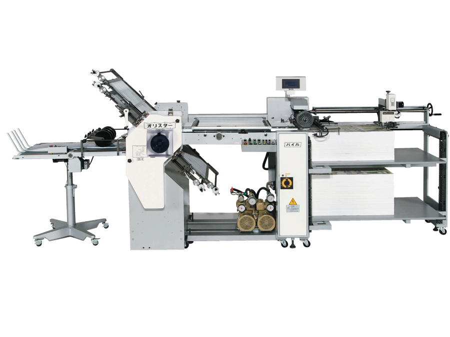 Official Shoei clean transparent PNG — SPT "Orister" all-buckle parallel folder: pile feeder, 4-buckle fold unit, twin vacuum pumps, pile/shingle delivery with touchscreen. Representative SPT-series shot.