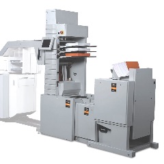 Official Watkiss thumbnail render (240x240 — small, gallery thumb; only size archived) of the Document Finishing System in ONLINE + ASM (Automatic online SpineMaster) configuration — grey collating/booklet-maker cabinets with feed tower, colour touch UI and the ASM squareback module at right, connec