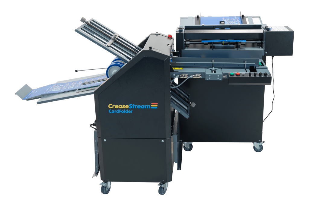 CreaseStream Card Folder running inline behind an auto-feed creasing machine, folding greeting cards