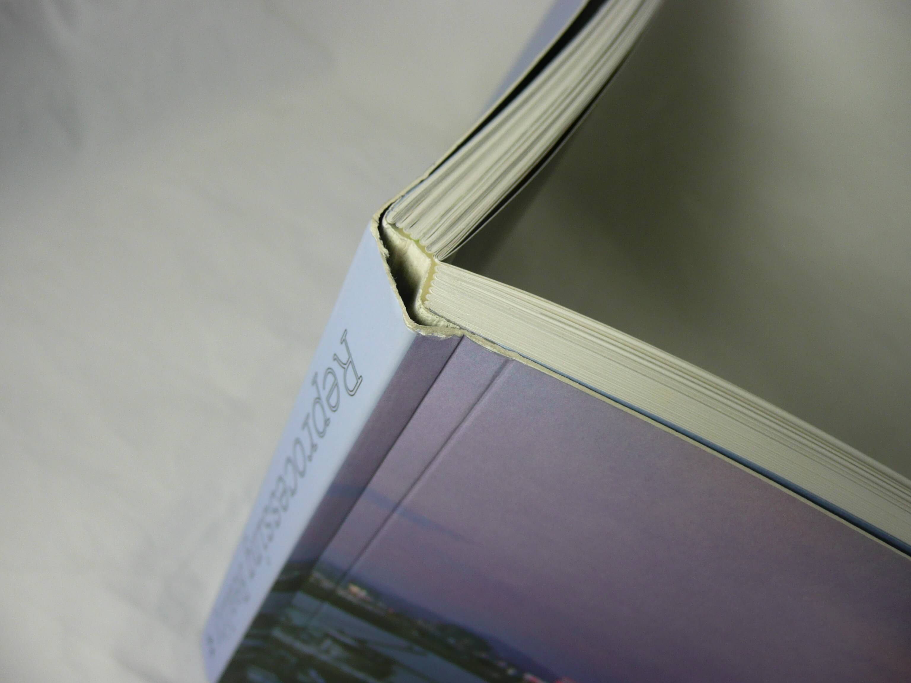 Perfect-bound book opening cleanly at the creased cover hinge