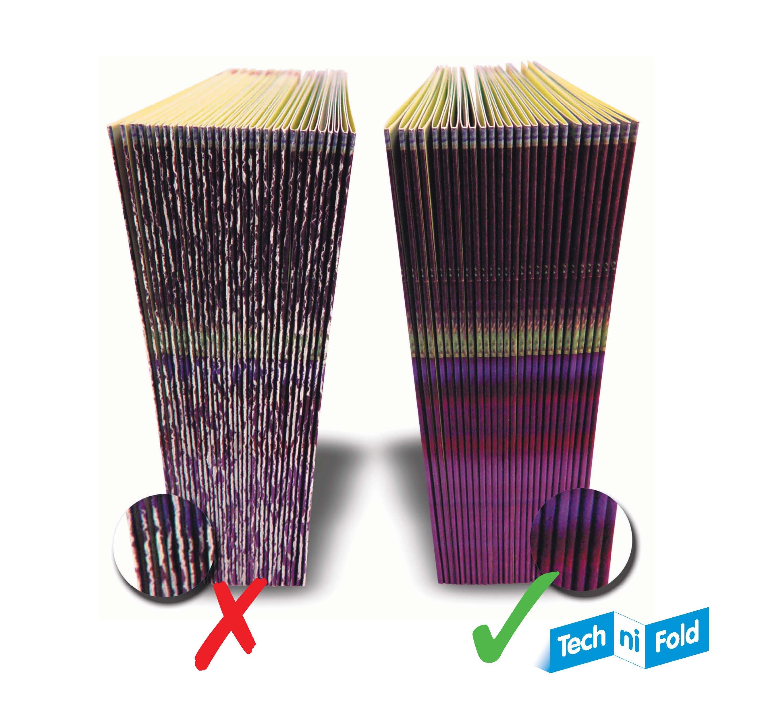 Fibre cracking along the fold of printed cover stock — cracked spines beside clean Technifold-creased spines