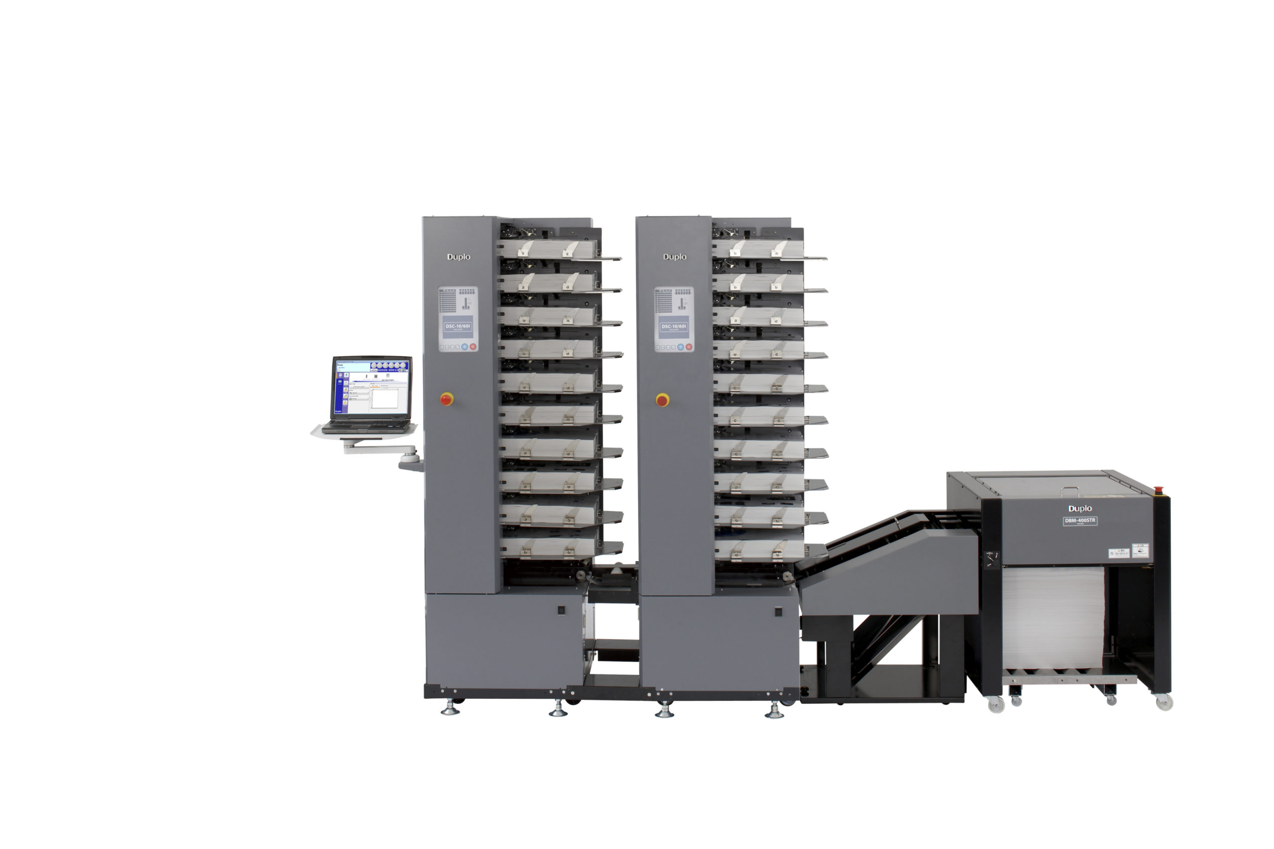 Duplo DSC-10/60i collator towers with DBM-400STR — official product photo