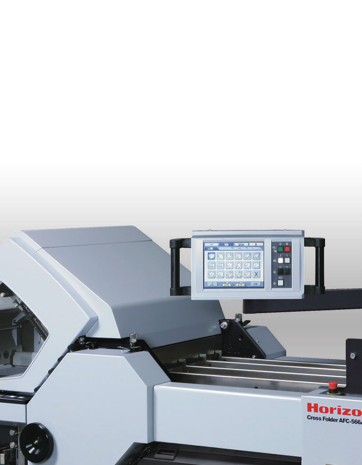 Horizon AFC-566F cross-knife folder with touchscreen console — official brochure photo