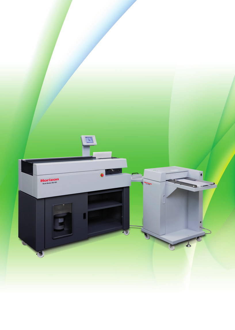 Horizon CRB-160 cover creaser beside BQ-160 binder (official brochure)