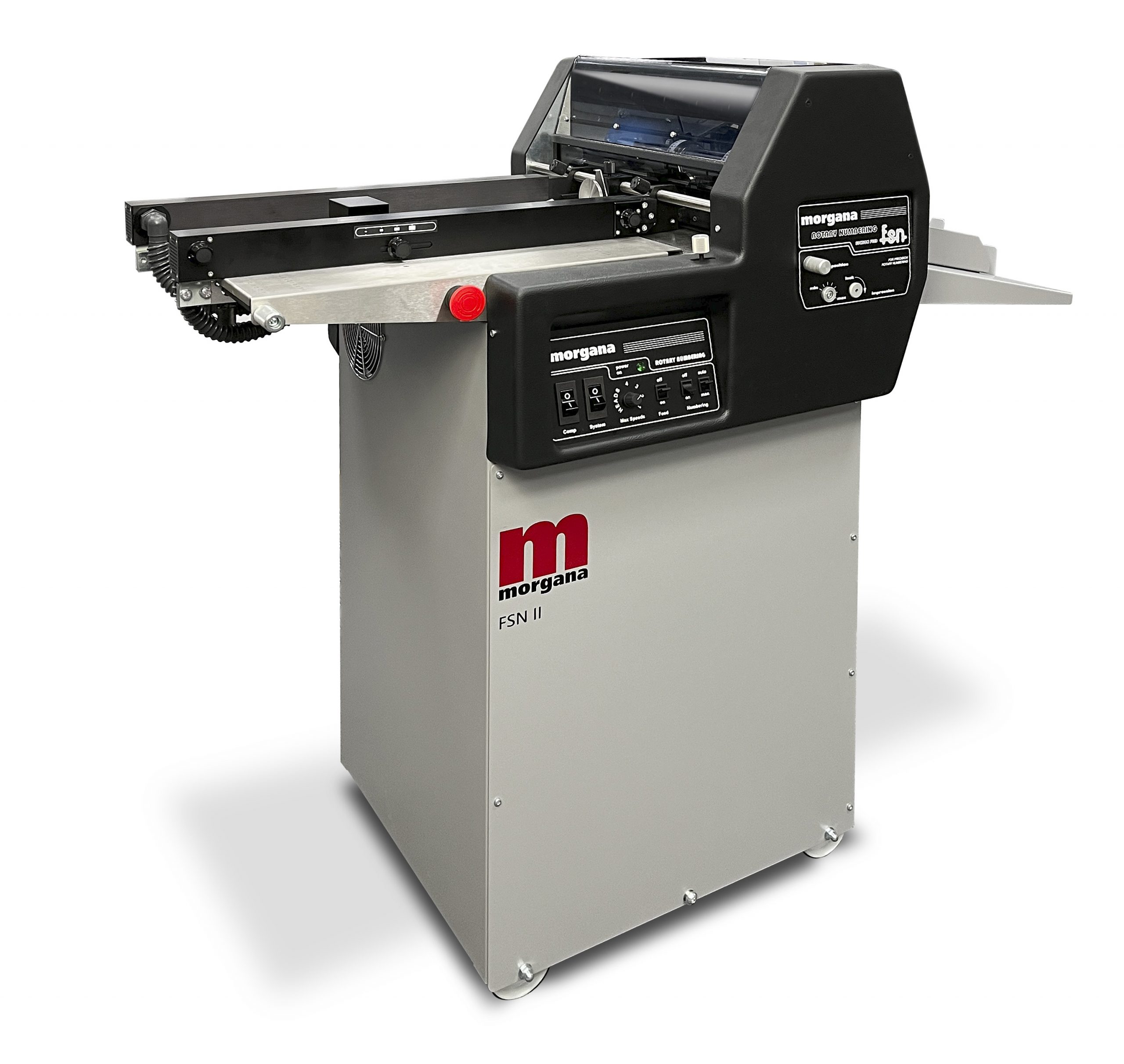 Morgana FSN II suction-fed rotary numbering machine with rotary perf/score shafts — official product render
