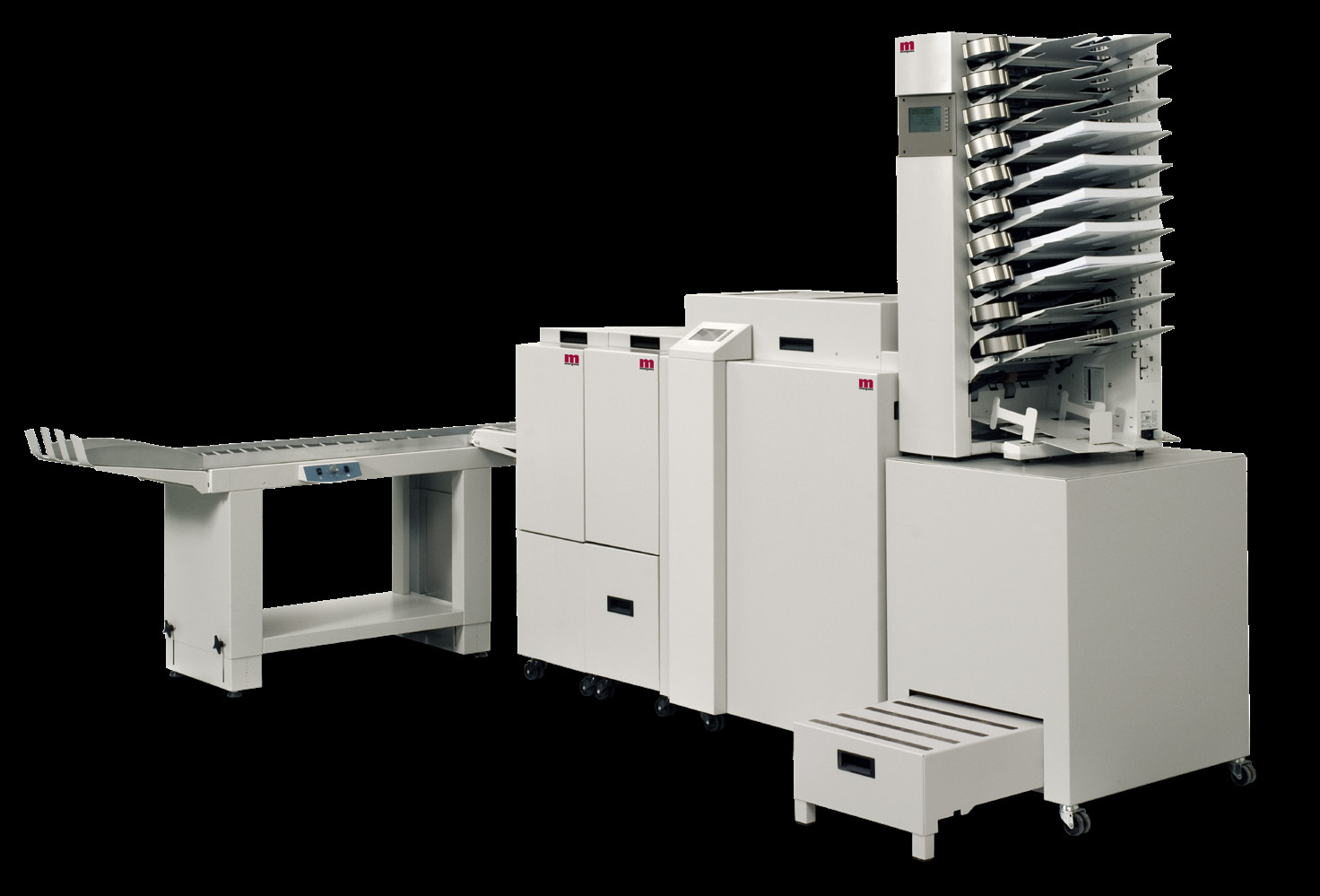 Plockmatic/Morgana System 2000S — ACF collator tower with BM2000S bookletmaker and trimmer — official brochure photo