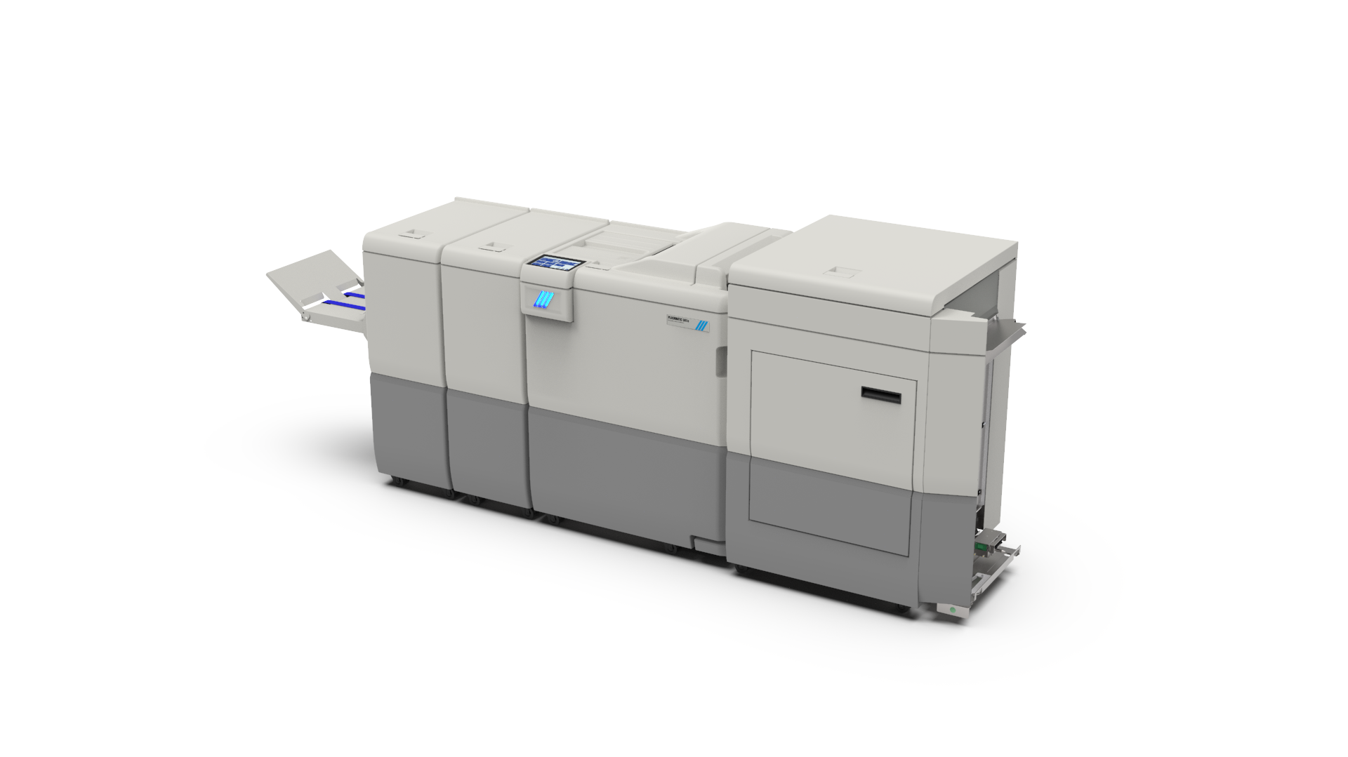 Plockmatic PBM500e inline bookletmaker with cover feeder and finishing modules — official product render