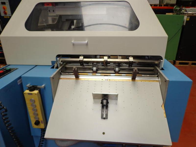 Sheridan Systems SB200 three-clamp perfect binder, cover-feed table — dealer photo (Exapro, dead OEM)