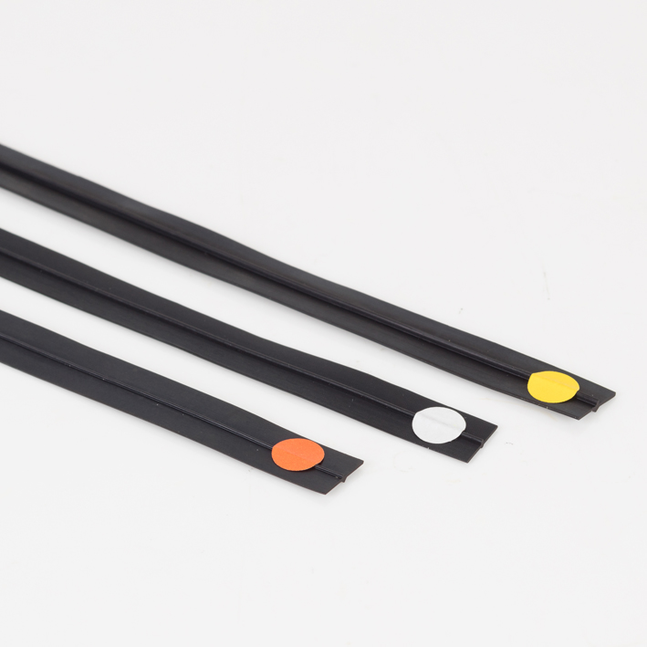 Three black creasing matrix strips with orange, white and yellow dots