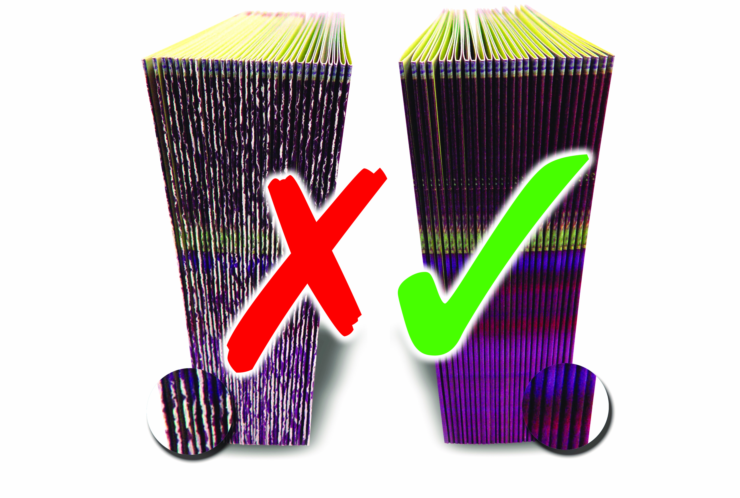 Cracked versus clean folded spines comparison with red X and green tick