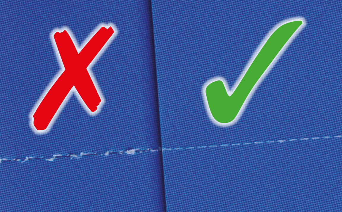 Good versus bad micro-perforation on blue print with red X, green tick