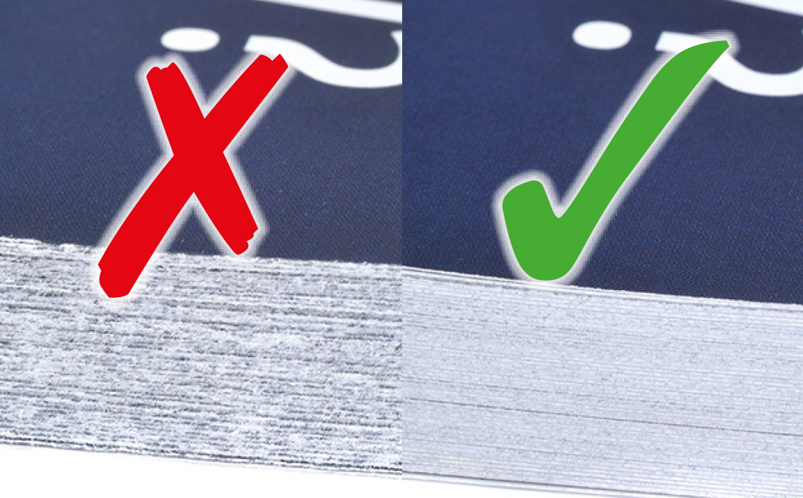 Side-by-side cut-edge comparison of paper stacks, red X versus green tick