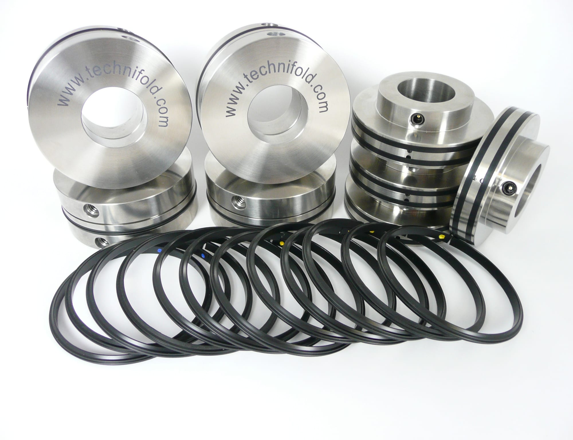Studio kit: large branded discs, stacked black-band holders, many spare black bands